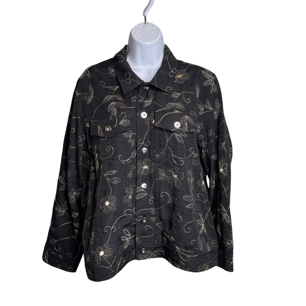 Carole Little Women's Floral Black Silk Embroidered Jacket Size 1X Art To Wear